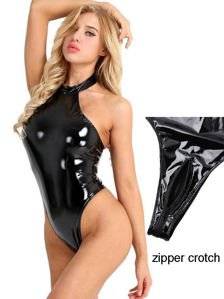 Body Jewelry Waterproof - S-4XL Neckholder-Badeanzug, rückenfrei, glänzendes Kunstleder, Reißverschluss,