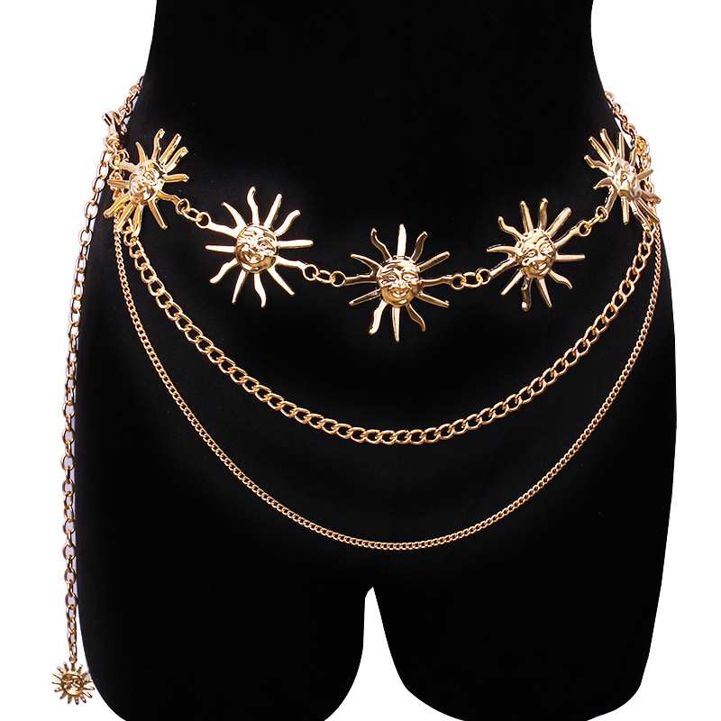 Body Jewelry Chains - Klobige mehrschichtige Punk-Gothic-Mond-Sonnen-Taillenkette, Metall-Taillengürtel für Frauen,
