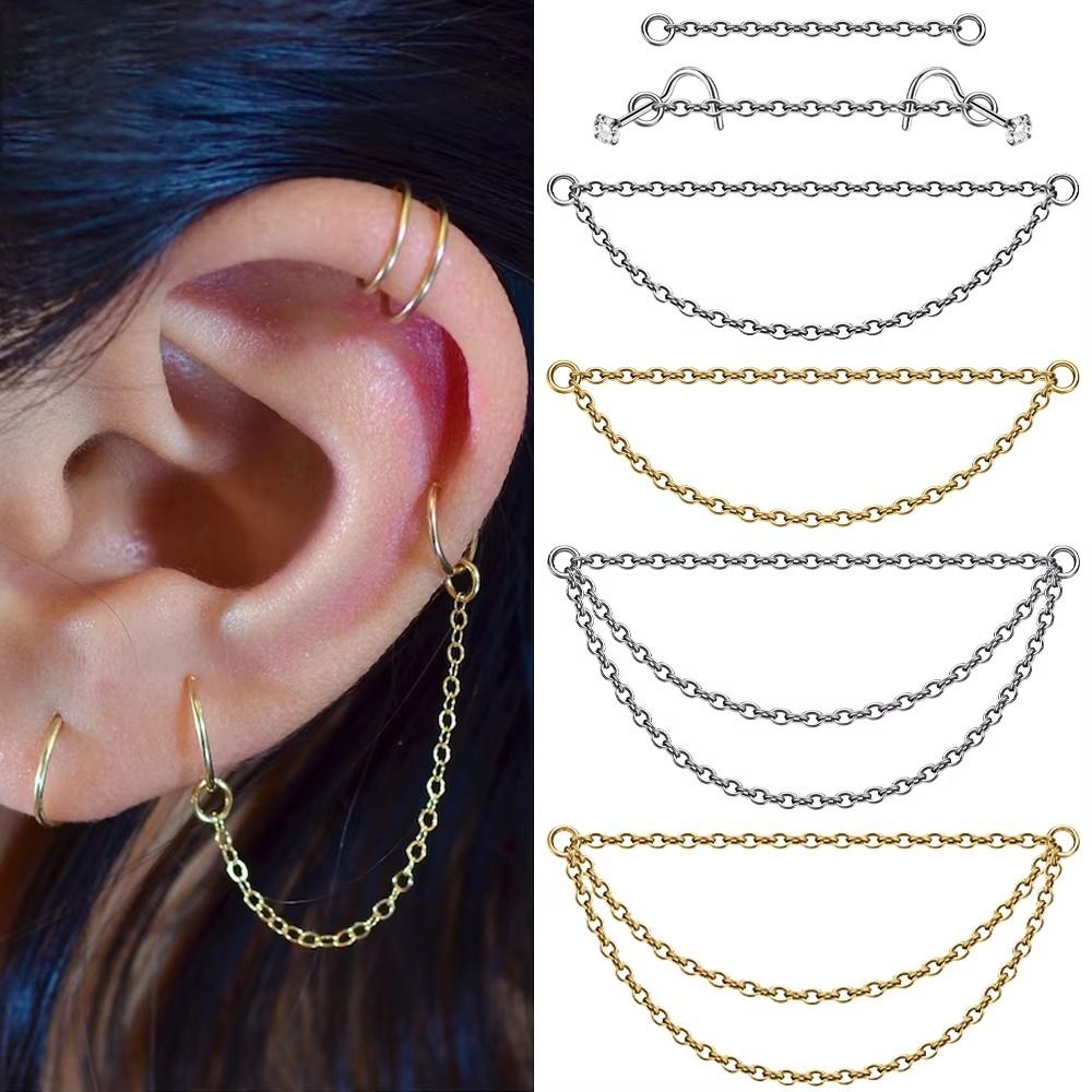 Body Jewelry Ear - Modische Titan-Nasenketten, Doppelketten 25-50mm, Labret-Ketten, Dreischichtige